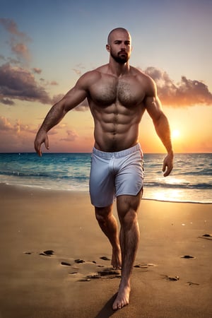 (best quality, high quality):1.4, photo of a handsome very buzzed short male hair mustache  hunk wearing male baseball_player  outfit walking at the beach, 25 year old, very thick crooked nose, small pale thin male lips, very long cleft chin, tall, 3d,  ultra short male hair buzzed at sides, very masculine realistic walking movement, masculine male clothes only, tropical beach, sunset, ,