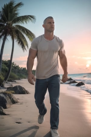 (best quality, high quality):1.4, photo of a handsome very buzzed short male hair mustache  hunk walking at the beach, 27 year old, very thick crooked nose, small pale thin male lips, very long cleft chin, tall, 3d,  ultra short buzzed hair, very masculine realistic walking movement, masculine male clothes only, tropical beach, sunset, 