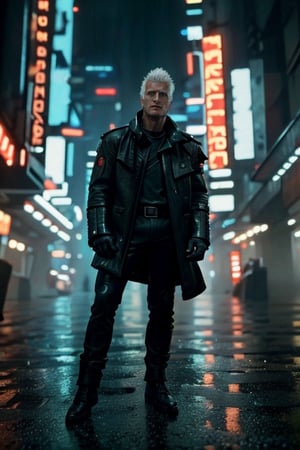 (best quality, high quality):1.3, break, A handsome male android 1man from Blade Runner movie on a cyberpunk crowded street on a rainy night, 27 year old, very short male punk white hair, tall and fit male body, very masculine, best quality male anatomy, realistic male dynamic pose:1.3, dynamic view, break, ultra high res, incredibly absurdres, very clear, real life, photorealistic, epic intricate, cinematic lighting, futuristic colors, blade runner masterpiece, break, (male focus, full height, head and full body in frame, character sharp focus):1.3, break, (new, newest, orginal, best aesthetic, hyper realistic style, cinestill, very clear, smooth), 4k 8k 16k 32k 64k 128k, (RAW, photo), (analog style younger Rutger Hauer as an android from Blade Runner movie), perfect symmetry, cyberpunk composition, intricate detailed handsome healthy male face, jovial, brave, 500000dpi, 