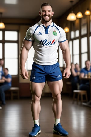 Liamman, a pale masculine English man with brown facial hair and short hair, proudly wears his rugby shirt and shorts as he cheers enthusiastically at the pub. Faded teammates crowd the background, subtly adding context to the joyful scene. In UHD, a softglow effect imbues the atmosphere with warmth, making this professional-grade photo a true masterpiece. The happy subject is in sharp focus, while the blurred background enhances the sense of depth and dimensionality.