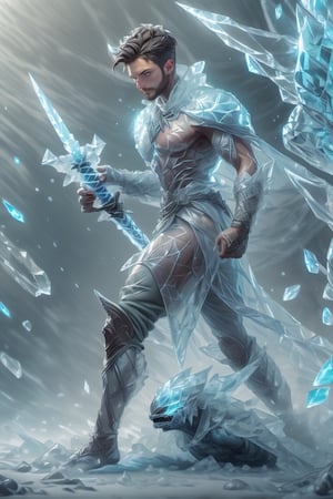(high quality, best quality)1.3, 3d , 3d render, head and full body picture of a  frostpunk handsome male 1man wearing male ic34rmor holding a holographic long sword (fighting frost race monsters:1.3), ((realistic combat dynamic pose)), dynamic view, realistic hand hold weapon movement, very well drawn male face, very symmetric male head, intricate detailed eyes, very short male hair, very intricate vivid glacial frostpunk battlefield landscape background:1.3, prismatic reflections and glacial refractions, surprising, interesting, frostpunk combat action movie style, very cold day, outdoors, pale weak sun,  ultra detailed, (full height, character focus), very dynamic high action scene composition masterpiece, cg, cgi, absurdres, ultra high res, intricate, utopia, new, newest, original, epic creative,  ,60fps, capcom, wind trail, snowing, frostracetech