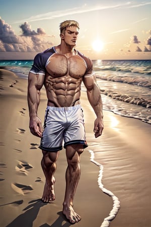 (best quality, high quality):1.4, photo of a handsome very short male hair mustache  hunk wearing male baseball_player  outfit walking at the beach, 25 year old, very thick crooked nose, small pale thin male lips, very long cleft chin, tall, 3d,  ultra short male hair buzzed at sides, very masculine realistic walking movement, masculine male clothes only, tropical beach, sunset, ,Porco_Galliard