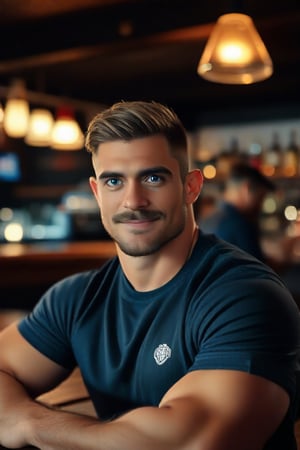 Ollie, a dashing and muscular English man, sits confidently at the pub's wooden bar, his rugged features accentuated by the soft glow of the overhead lighting. His short, dark hair is neatly trimmed, and his brow facial hair adds to his masculine charm. Those piercing blue eyes sparkle as he blushes slightly, his expression warm and inviting. In the background, Ollie's teammates fade into the dimly lit pub atmosphere, their faces obscured by the soft focus. The camera captures every detail with hyper-realistic precision, rendering a photorealistic masterpiece in stunning high-definition.