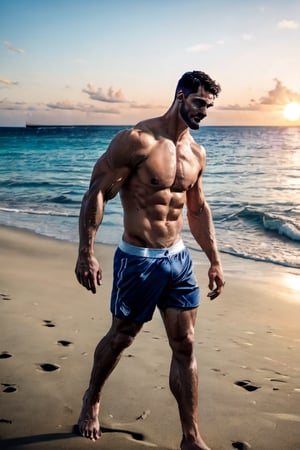 (best quality, high quality):1.4, photo of a handsome very short male hair mustache  hunk wearing male baseball_player  outfit walking at the beach, 25 year old, very thick crooked nose, small pale thin male lips, very long cleft chin, tall, 3d,  ultra short male hair buzzed at sides, very masculine realistic walking movement, masculine male clothes only, tropical beach, sunset, ,man
