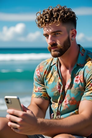 A handsome Brazilian masculine man with curly short hair and a long braided beard sits confidently on the shore, his plastic earlobe piercing glinting in the sunlight. He wears a vibrant Hawaiian shirt, his muscular physique glistening with sun-kissed skin tones. His bright green eyes sparkle as he takes a selfie on his iPhone, the majestic ocean stretching out before him. The sky above is a brilliant blue, with wispy clouds adding depth to the scene. A professional photographer's eye captures every detail, from the ripples in the water to the subtle texture of his beard.