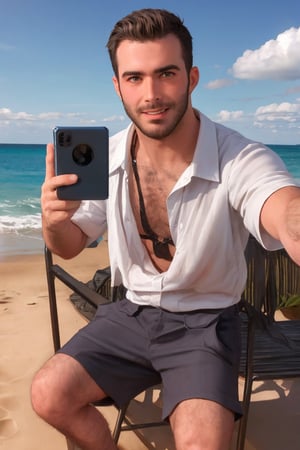 (masterpiece, best quality, high quality:1.3) a handsome hairy daddy at the beach playing of bad-selfie for fun, in masculine fully-clothed beach shorts, very vivid sky, real skin, intricate face eyes , intricate, ultra quality, sharp focus, perfect face, well-drawn hands, extremely intricate, handsome, photorealistic, RAW photo, real life