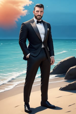 Lianman stands tall and proud, his muscular physique evident beneath the sleek lines of his black tuxedo. A trimmed brown beard adorns his chiseled jawline, complemented by a stylishly short haircut. Indoors, at the fading remnants of an extravagant party, he commands attention amidst a sea of celebrants in the background. A masterpiece of elegance, Lianman's pose exudes confidence and sophistication, set against a backdrop of vibrant colors and dynamic lighting, all rendered in breathtaking UHD resolution with a matte finish.