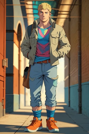 Laios Touden stands firm against the worn, faded lockers of a bustling high-school hallway. His bright blonde hair is perfectly messy, framing his chiseled features and piercing gaze. A colorful undershirt peeks out from beneath his nylon jacket, while baggy pants and crisp socks add to his rebellious charm. Nike sneakers grip the floor as he stands at attention, his intense focus radiating through the vibrant, crowded scene before him. The camera captures a shallow depth of field, bringing the subject into sharp relief against a softly blurred background. With its intricate details and good vibes, this high-resolution masterpiece is a true celebration of life's energy.