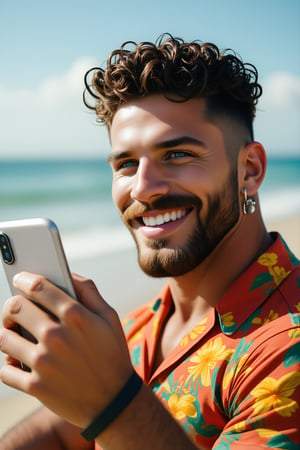 Captivating shot of a bronzed Brazilian Adonis basking in the sun's warmth. His short curly hair and long braided beard frame his chiseled features, while a plastic earlobe piercing adds an edgy touch. A vibrant Hawaiian shirt accentuates his toned physique as he gazes out at the majestic ocean. Green eyes sparkle with joy as he snaps a selfie on his iPhone, surrounded by the stunning beach scene's alluring sky and sun-kissed dunes. Depth of field creates a sense of intimacy, emphasizing the subject's radiant skin tone. UHD detail captures every curly strand and textured surface in this creative, professionally styled photo.