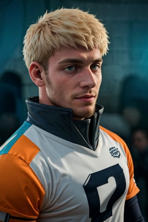 Realistic portrait of a handsome English football player, gazing directly into the camera with piercing blue eyes. Blonde hair and facial hair frame his chiseled features, broad shoulders, and muscular physique. He wears a large football shirt, shoulder pads, and head gear, with wristbands on display. The subject is set against a blurred background of a faded college party scene, complete with balloons and a distant crowd. The atmosphere is vibrant, colorful, and nostalgic, evoking feelings of happiness and nostalgia. Shot in UHD, this exceptional masterpiece is rendered in stunning 70mm depth of field, with a matte finish that accentuates the subject's rugged charm.,Laios Touden