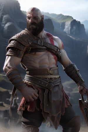   thick ossature man wearing Kratos outfit, detailed eyes, 4k 8k 16k 32k 64k, (photorealistic:1.3), (5000000dpi, .raw), real life, (raw, photo), windy, highly detailed, full body portrait, dynamic angle, (outdoors, village background):1.3, absurdres, (best quality, high quality):1.3,  epic hyper realistic style, ultra realistic masterpiece, new, newest, original, male focus, sharp focus, tall, slender fit tall male,  big male hands, big male barefeet, very wide strong shoulders, very slim chest:1.22, best male anatomy, very clear, very smooth, very high action male pose movement, , kratosGOW_soul3142,realhands