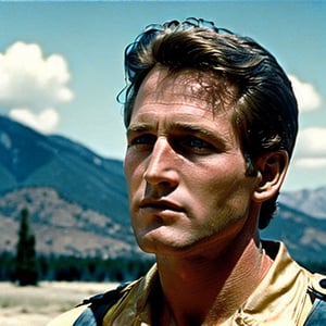 Movie scene of Paul Newman, blond hair, green eyes, 30 year old, male focus, sksman, colorful, cinematic, vintage, old movie scene, cinestill