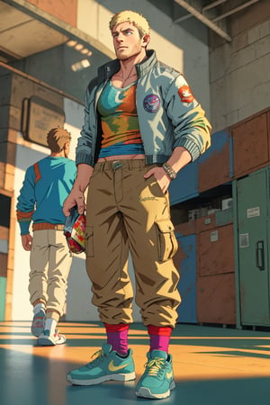 In a nostalgic, high-school hall setting, Laios Touden stands firmly against the worn, faded lockers, his masculine features radiating confidence. A nylon jacket and colorful undershirt peek out from beneath baggy pants and socks, paired with sleek Nike sneakers. Vibrant colors surround him, yet his intense focus remains fixed on some distant point. The background hums with energy, a kaleidoscope of sounds and emotions suspended in time. Framed within a shallow depth-of-field, Laios' rugged good looks take center stage, his piercing gaze drawing the viewer's eye. Rendered with photorealistic precision by the Renderman Engine, this masterpiece exudes an air of nostalgia and youthful vitality.