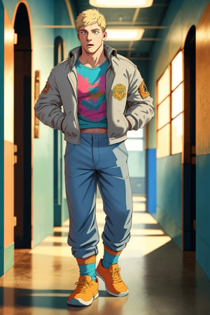 Laios Touden, a rebellious blonde beauty, stands firm against the worn hall wall, his nylon jacket and colorful undershirt accentuating his masculine physique. Baggy pants, bright socks, and Nike sneakers complete his laid-back look. The vibrant high school hallway, with its faded lockers and bustling atmosphere, serves as the backdrop for this striking portrait. Vivid colors pop against the depth of field, creating a sense of joy and energy. High-definition details shine through in every aspect, from the intricate folds of Laios' clothing to the UHD-quality lighting that illuminates his chiseled features.