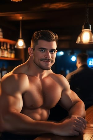 Ollie, a dashing and muscular English man, sits confidently at the pub's wooden bar, his rugged features accentuated by the soft glow of the overhead lighting. His short, dark hair is neatly trimmed, and his brow facial hair adds to his masculine charm. Those piercing blue eyes sparkle as he blushes slightly, his expression warm and inviting. In the background, Ollie's teammates fade into the dimly lit pub atmosphere, their faces obscured by the soft focus. The camera captures every detail with hyper-realistic precision, rendering a photorealistic masterpiece in stunning high-definition.