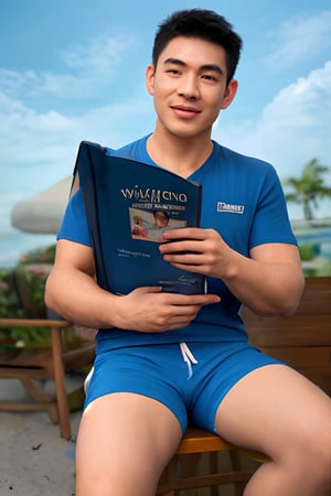 pretty handsome hairy asian daddy in beach shorts reading magazine in miami, masterpiece, high quality, realistic style, photorealistic:1.3, highres, incredibly abusrdres, iphone photo, twitter celebrity, handsome, real life, real life