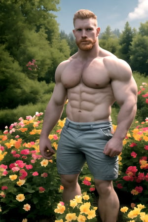 my favorite image of a handsome male miner near flowers, symmetry is excellent, highres image scan,  centrefold, professional  smooth clear clean image, no crop, exceptional well-generated symmetric perfect masculine (lantzer) male miner person, pale ginger short hair, undercut, softglow effect, matte, realistic,photorealistic,Masterpiece