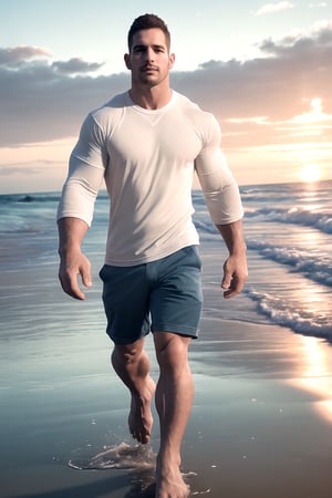 (best quality, high quality):1.4, photo of a handsome very buzzed short male hair mustache  hunk walking at the beach, 27 year old, very thick crooked nose, small pale thin male lips, very long cleft chin, tall, 3d,  ultra short buzzed hair, very masculine realistic walking movement, masculine male clothes only, tropical beach, sunset, ,bartoslora1 man,sksman
