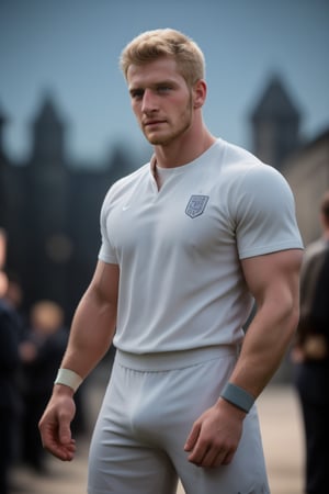 Realistic portrait of a handsome English football player, gazing directly into the camera with piercing blue eyes. Blonde hair and facial hair frame his chiseled features, broad shoulders, and muscular physique. He wears a large football shirt, shoulder pads, and head gear, with wristbands on display. The subject is set against a blurred background of a faded college party scene, complete with balloons and a distant crowd. The atmosphere is vibrant, colorful, and nostalgic, evoking feelings of happiness and nostalgia. Shot in UHD, this exceptional masterpiece is rendered in stunning 70mm depth of field, with a matte finish that accentuates the subject's rugged charm.