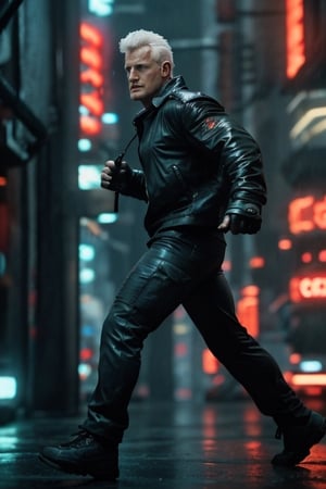 (best quality, high quality):1.3, break, high action movie cinematic dramatic scene of A handsome male android with thick ossature 1man wearing cyberpunk male gym clothes from Blade Runner movie RUNNING on a cyberpunk crowded street on a rainy night, 27 year old, very short male punk white hair, tall and fit male body, very masculine, best quality male anatomy, realistic running movement, dynamic view, break, (high action movie, real action, complex, very cinematic), ultra high res, incredibly absurdres, very clear, real life, photorealistic, epic intricate, cinematic lighting, futuristic colors, blade runner masterpiece, break, (male focus, full height, head and full body in frame, character sharp focus):1.3, break, (new, newest, orginal, best aesthetic, hyper realistic style, cinestill, very clear, smooth), 4k 8k 16k 32k 64k 128k, (RAW, photo), (analog style ((younger)) Rutger Hauer as an android from Blade Runner movie), perfect symmetry, break, (stunning ((handsome)) manly male model), cyberpunk composition, intricate detailed handsome healthy male face, jovial, brave, 500000dpi, 