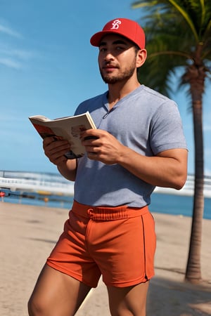 pretty handsome hairy asian muscular daddy in beach shorts reading magazine in miami beach, golden hour, masterpiece, high quality, realistic style, generate baseballcap on, photorealistic:1.3, highres, incredibly abusrdres, iphone photo, twitter celebrity, handsome, real life, real life