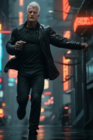 (best quality, high quality):1.3, break, high action movie cinematic dramatic scene of A handsome male android with thick ossature 1man wearing cyberpunk male gym clothes from Blade Runner movie RUNNING on a cyberpunk crowded street on a rainy night, 27 year old, very short male punk white hair, tall and fit male body, very masculine, best quality male anatomy, realistic running movement, dynamic view, break, (high action movie, real action, complex, very cinematic), ultra high res, incredibly absurdres, very clear, real life, photorealistic, epic intricate, cinematic lighting, futuristic colors, blade runner masterpiece, break, (male focus, full height, head and full body in frame, character sharp focus):1.3, break, (new, newest, orginal, best aesthetic, hyper realistic style, cinestill, very clear, smooth), 4k 8k 16k 32k 64k 128k, (RAW, photo), (analog style ((younger)) Rutger Hauer as an android from Blade Runner movie), perfect symmetry, break, (stunning ((handsome)) manly male model), cyberpunk composition, intricate detailed handsome healthy male face, jovial, brave, 500000dpi, 