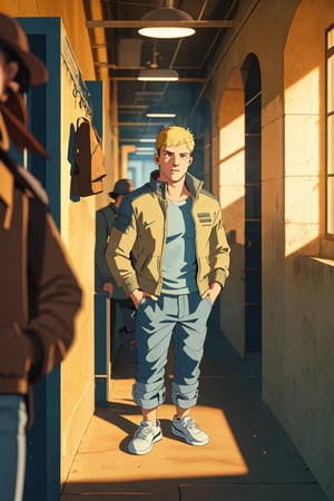 Laios Touden stands firm against the worn walls of a faded high-school hallway, his rugged features illuminated by the warm glow of overhead lights. The vibrant colors of his nylon jacket and undershirt pop against the drab backdrop, while baggy pants and Nike sneakers add to his rebellious charm. A sea of students mingles in the distance, but Laios' focus remains fixed on some unseen horizon. His blonde hair shines with a subtle sheen, drawing attention to his chiseled features as he stands tall amidst the chaos. Framed by the faded lockers, Laios exudes a sense of youthful energy and carefree joy.