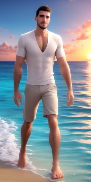 (best quality, high quality):1.4, photo of a handsome very short male hair  hunk man walking at the beach,  30 year old, healthy, jovial, heroic, very thick crooked nose, small pale thin male lips, very long cleft chin, tall, 3d,  ultra short buzzed hair, very masculine realistic walking movement, masculine male clothes only, tropical beach, sunset, , very well drawn symmetric face, absurdres, ,  