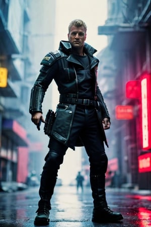 (best quality, high quality):1.3, (photorealistic:1.33), BREAK, dramatic scene of a cyberpunk mercenary handsome male hunk, ((Full height, male focus):1.225), wearing male cyberpunk mercenary clothes with cyberpunk male boots, combat stance pose:1.3, realistic holding a laser-shotgun movement:1.2, hold weapon, realistic body combat movement, intricate cyberpunk street background, neon lights, rain, very cinematic, best male anatomy, BREAK, (high res, incredibly absurdres, very clear, character focus, very intricate, cyberpunk combat masterpiece, epic intricate, intense action cyberpunk movie composition), 4k 8k 16k 32k 64k, futuristic plasmatic colors, OLED, rutger hauer,