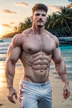 (best quality, high quality):1.4, photo of a handsome very short male hair mustache  hunk wearing male baseball_player  outfit walking at the beach, 25 year old, very thick crooked nose, small pale thin male lips, very long cleft chin, tall, 3d,  ultra short male hair buzzed at sides, very masculine realistic walking movement, masculine male clothes only, tropical beach, sunset, ,davidmarchante person