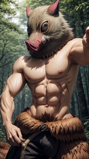 masterpiece, best quality,  1boy, inosukemask, mask, animal, cowboy shot, abs, action pose, forest background 