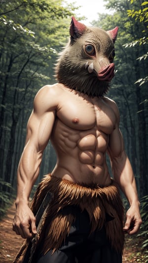 masterpiece, best quality,  1boy, inosukemask, mask, animal, cowboy shot, abs, action pose, forest background 