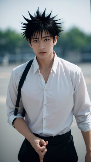 masterpiece, best quality, high quality, 1boy, solo, male focus, looking at viewer, upper body, fushiguro_megumi, black hair, spiked hair, black eyes, old china kungfu shirt, 8k
