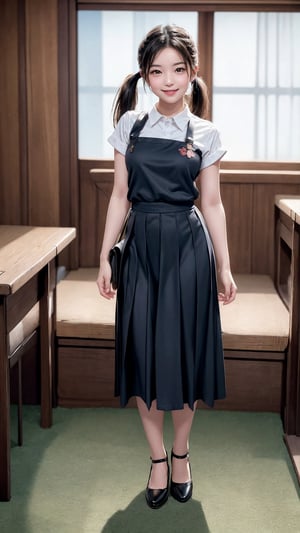 Shizuka, (masterpiece, best quality:1.4), (full body:1.5), Poses that fascinate a man、seducing smile, in the class, 1girl, solo, with her black short hair styled in low twin pigtails,  she exudes an air of innocence and playfulness.Dressed in a japanese school girl uniform. Her eyes sparkle with youthful curiosity,  radiating her youthful charm.The portrait immortalizes the grace and beauty of the young teen. Poses that fascinate a man、seducing smile,  reflecting her vibrant personality, chinatsumura face,8k, high res, best quality, big brest, detailed face,chinatsumura
