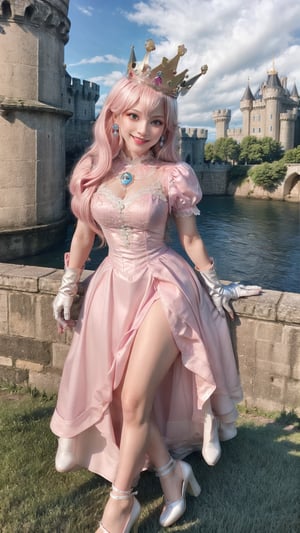 Peach_SMP,  masterpiece, best quality, highres, full body, far view, pch, pink dress, brooch, puffy sleeves, short sleeves, smile, elbow gloves, earrings, crown, outside of castle, view from higher, detailed face, long leg, 4k, wear pink high heel, yellow hair