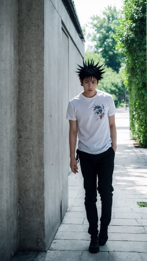 (Full body) , masterpiece, best quality, high quality, 1boy, solo, male focus, looking at viewer, fushiguro_megumi, black hair, spiked hair, black eyes, black kungfu shirt, 8k,white wolf sit near by