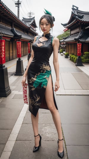 Tao jun, masterpeice, best quality, highres, 1girl, solo, china dress, chinese clothes, dress, green hair, side slit, black dress, folded ponytail, green eyes, animal print, tao jun, large breasts, outdoors, cowboy shot, , (holding ofuda:1.1),china dress with heart cutout, 8k, high heel, big ass,chinatsumura