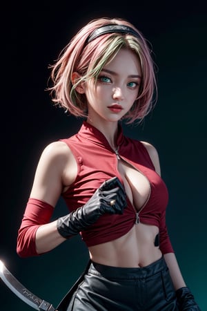 {{{masterpiece}}}, {{{best quality}}}, {{{ultra-detailed}}}, {cinematic lighting}, {illustration}, 1girl, sakura haruno, (green eyes:1.5), konoha sign on hairban, short hair, pink hair, bare shoulders, black short skirt, black gloves, diamond mark on forehead, konohagakure symbol, ninja, (red shirt:1.5), shirt, sleeveless, sleeveless shirt, sexy ass, big breasts, cleavage, holding kunai, pretty face, pretty eyes, nice hands,  perfect body, pretty nose, ninja village in background, abs