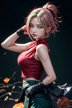 {{{masterpiece}}}, {{{best quality}}}, {{{ultra-detailed}}}, {cinematic lighting}, {illustration}, 1girl, sakura haruno, (green eyes:1.5), konoha sign on hairban, short hair, pink hair, bare shoulders, black short skirt, black gloves, diamond mark on forehead, konohagakure symbol, ninja, (red shirt:1.5), shirt, sleeveless, sleeveless shirt, sexy ass, big breasts, cleavage, holding kunai, pretty face, pretty eyes, nice hands,  perfect body, pretty nose, ninja village in background, abs