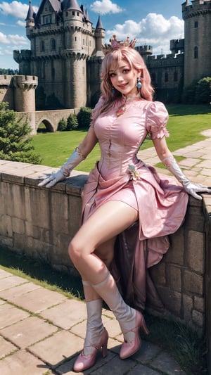 Peach_SMP,  masterpiece, best quality, highres, full body, far view, pch, pink dress, brooch, puffy sleeves, short sleeves, smile, elbow gloves, earrings, crown, outside of castle, view from higher, detailed face, long leg, 4k, wear pink high heel