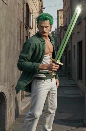 Very green hair , (masterpiece), (work of art), (artwork), (best quality), (best lighting), male, Roronoa Zoro holding 3 sword (one piece), dynamic pose, action pose, (detailed eyes), light skin tone, grey eyes, green short hair, wearing a white shirt, fir green pants, gold earring in left ear, linear indirect lighting medieval scenery background, adddetailed, add_detailed, eye_details, more_detail, background_detail, hands_details, high_resolution, high detailed, SamDoesArts,zoro,Holdingsword