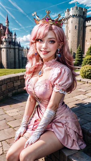 Peach_SMP,  masterpiece, best quality, highres, full body, far view, pch, pink dress, brooch, puffy sleeves, short sleeves, smile, elbow gloves, earrings, crown, outside of castle, view from below, detailed face, long leg, 4k, wear pink high heel