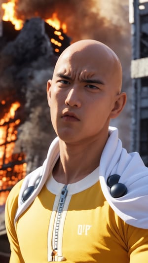 saitama, anime, one punch, 1boy, bald, upper body, close up, looking at viewer, city burning, white cape, destruction, ruins, fire, (serious face:1.2)
