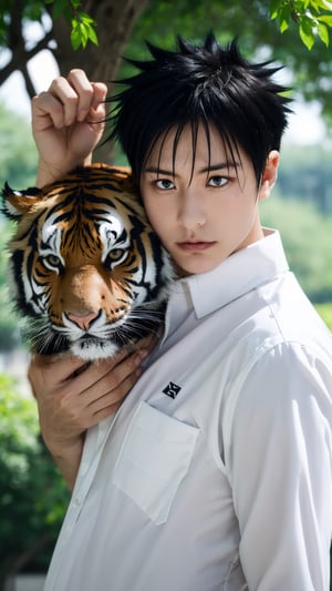 ((Cross hand)), (tiger in background) , masterpiece, best quality, high quality, 1boy, solo, male focus, looking at viewer, fushiguro_megumi, black hair, spiked hair, black eyes, black kungfu shirt, 8k