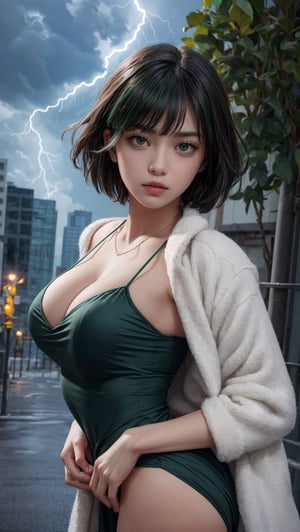 {{{masterpiece}}}, {{{best quality}}}, {{{ultra-detailed}}}, {cinematic lighting}, {illustration}, 1girl, Fubuki, short hair, green hair, green shine, taut green dress, big necklace, sexy ass, sexy breasts, cleavage, pretty face, pretty eyes, white coat outside,3DMM, lightning, bad weather background