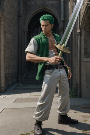 Very green hair , (masterpiece), (work of art), (artwork), (best quality), (best lighting), male, Roronoa Zoro holding 3 sword (one piece), dynamic pose, action pose, (detailed eyes), light skin tone, grey eyes, green short hair, wearing a white shirt, fir green pants, gold earring in left ear, linear indirect lighting medieval scenery background, adddetailed, add_detailed, eye_details, more_detail, background_detail, hands_details, high_resolution, high detailed, SamDoesArts,zoro,Holdingsword