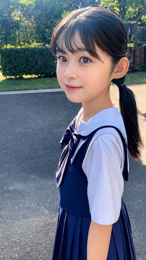 Shizuka, Upper body. With her black short hair styled in low twin pigtails,  she exudes an air of innocence and playfulness.Dressed in a japanese school girl uniform. Her eyes sparkle with youthful curiosity,  and her lips curve into a gentle smile,  radiating her youthful charm.The portrait immortalizes the grace and beauty of the young teen. Her black hair styled in low twin pigtails adds a touch of whimsy to her regal appearance,  reflecting her vibrant personality, chinatsumura face,8k, high res, best quality, small brest