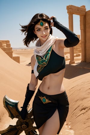 Fit girl , masterpiece, best quality, sivir, circlet, white scarf, bandeau, gauntlets, pelvic curtain, shiny skin, large breasts, looking at viewer, furrowed brow, erotic smile, leaning forward, desert, egyptian architecture ,ase_sese, holding big weapon, under_boob