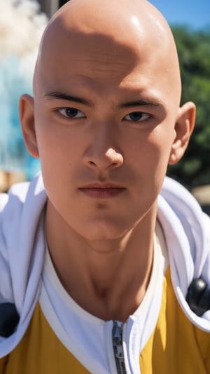 saitama, anime, one punch, 1boy, bald, upper body, close up, looking at viewer, city burning, white cape, destruction, ruins, fire, (stupid face:1.2), handsome asian male
