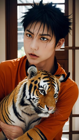 ((Cross hand)), (tiger in background) , masterpiece, best quality, high quality, 1boy, solo, male focus, looking at viewer, upper body, fushiguro_megumi, black hair, spiked hair, black eyes, old china kungfu shirt, 8k